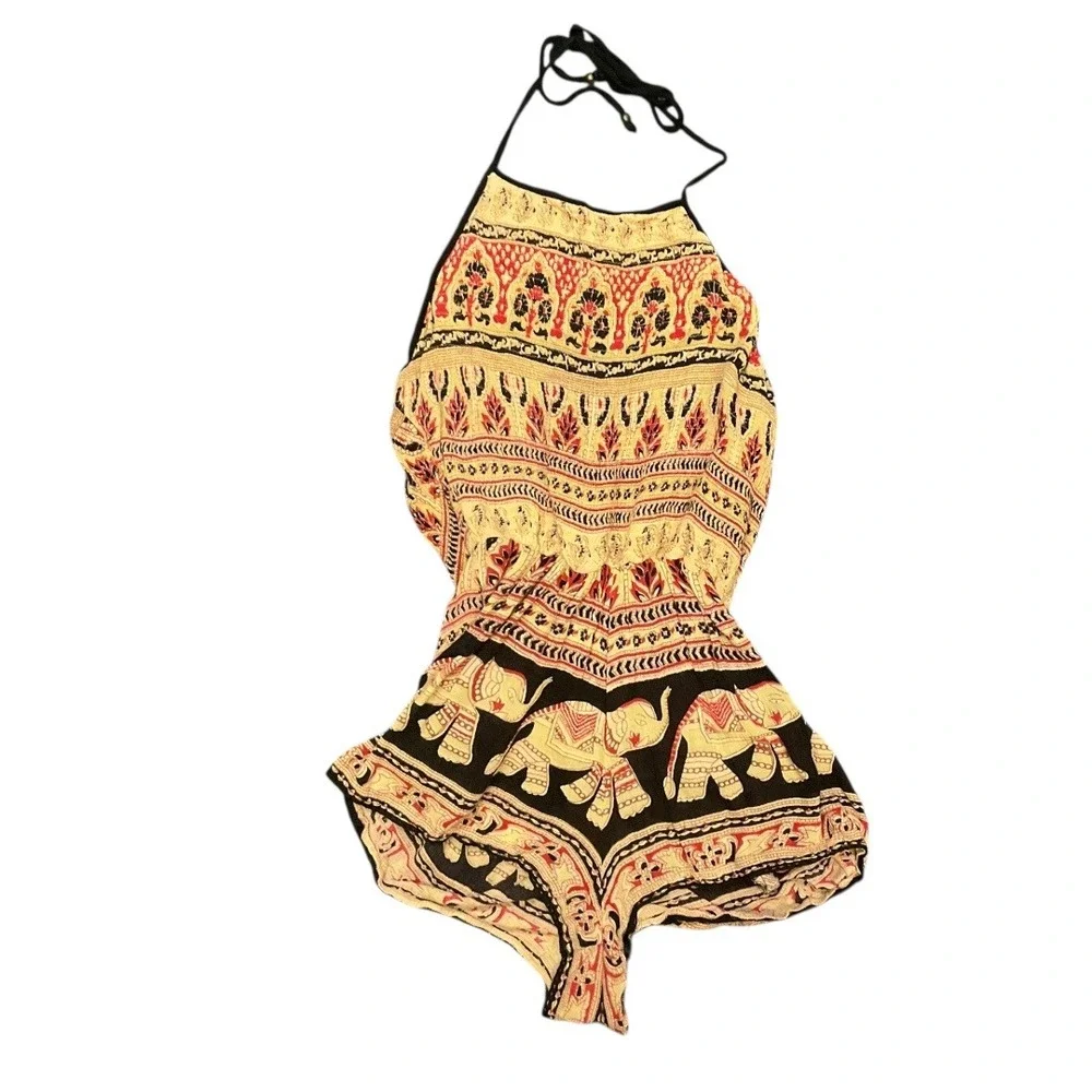 Angie Womens Elephant Print Halter Romper Black Cream Red Boho Festival Size S‎